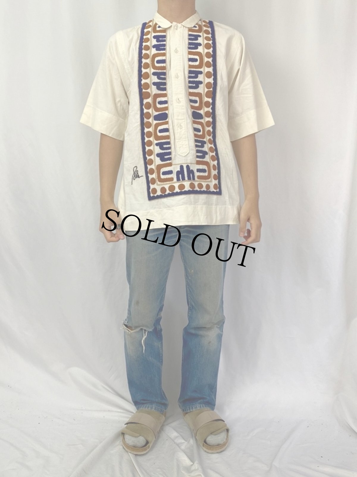 画像2: 70's〜 ETHNOS 刺繍デザイン プルオーバーシャツ L (2)