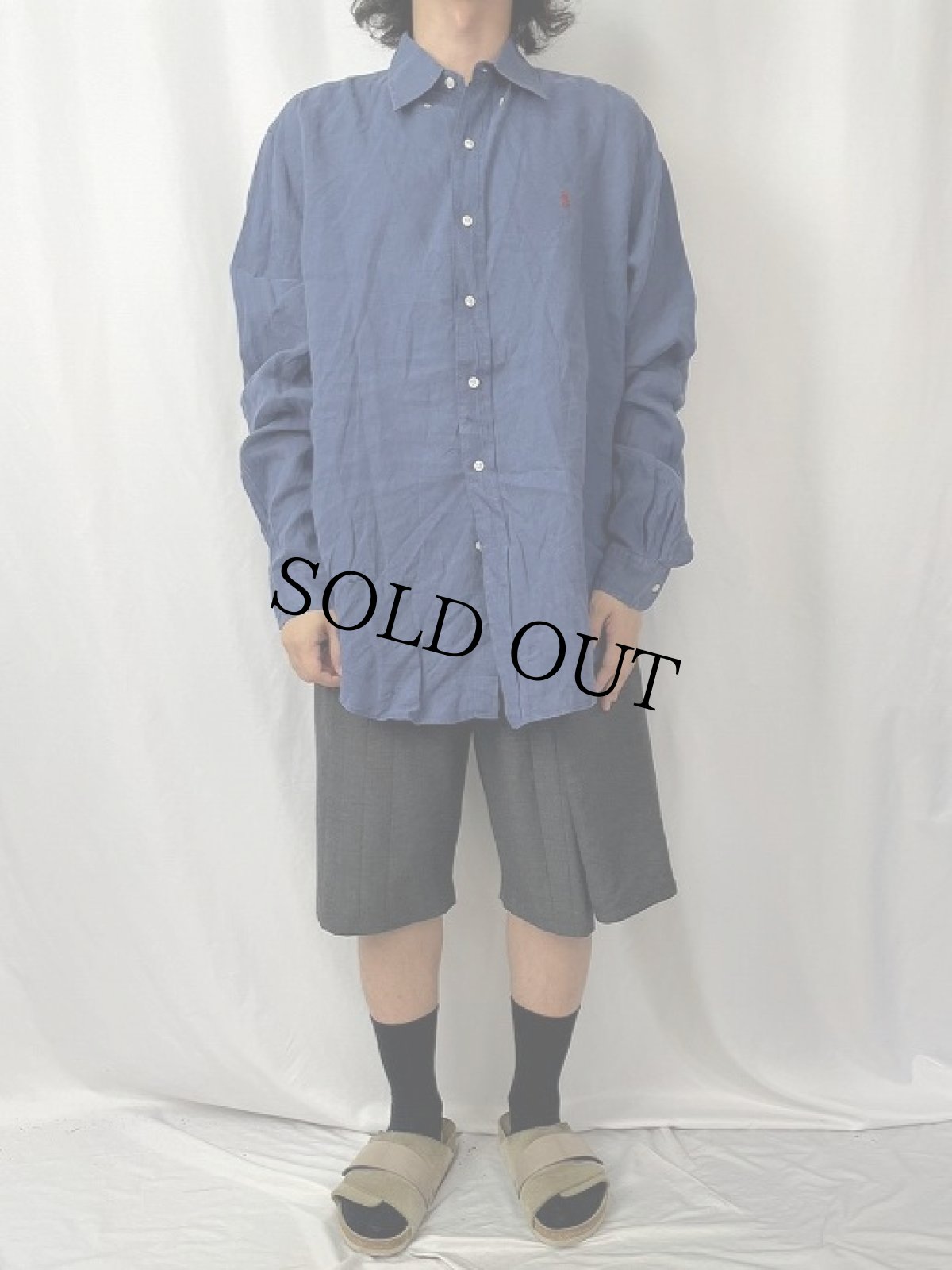 画像2: Ralph Lauren ロゴ刺繍 リネンボタンダウンシャツ L (2)