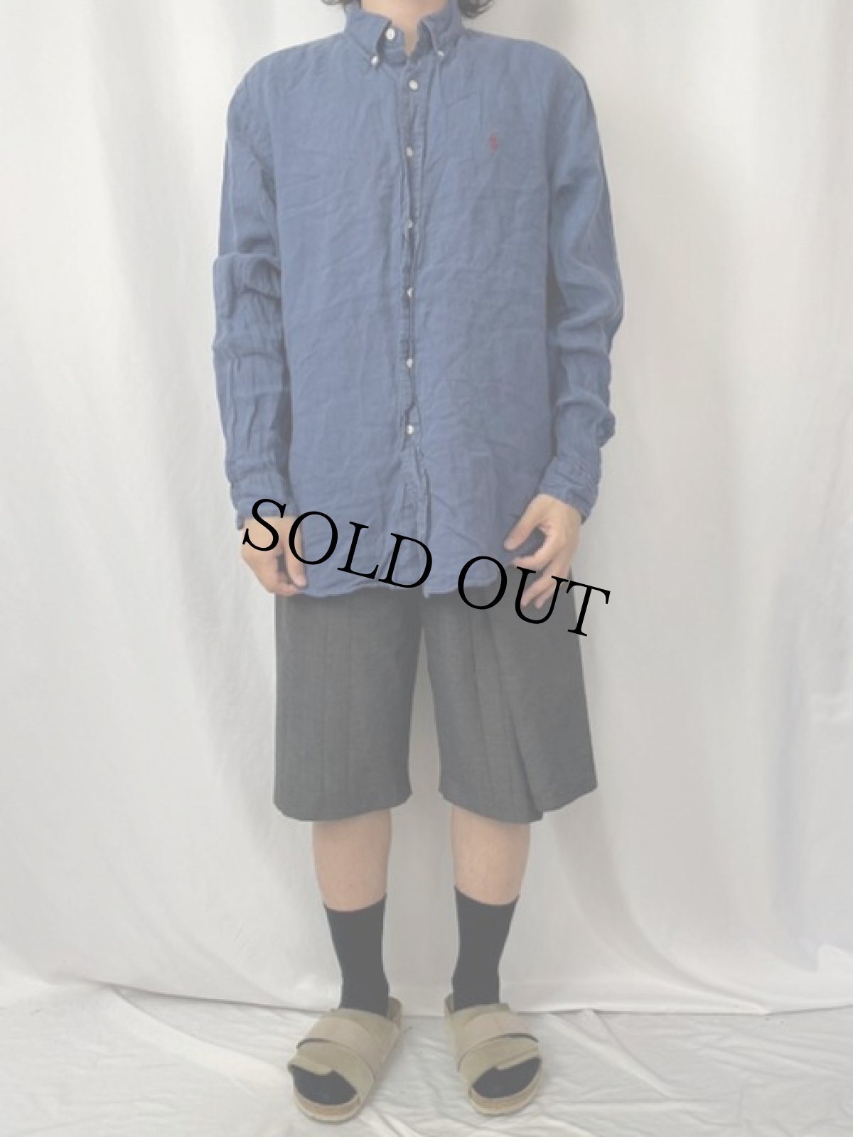 画像2: Ralph Lauren ロゴ刺繍 リネンボタンダウンシャツ L (2)