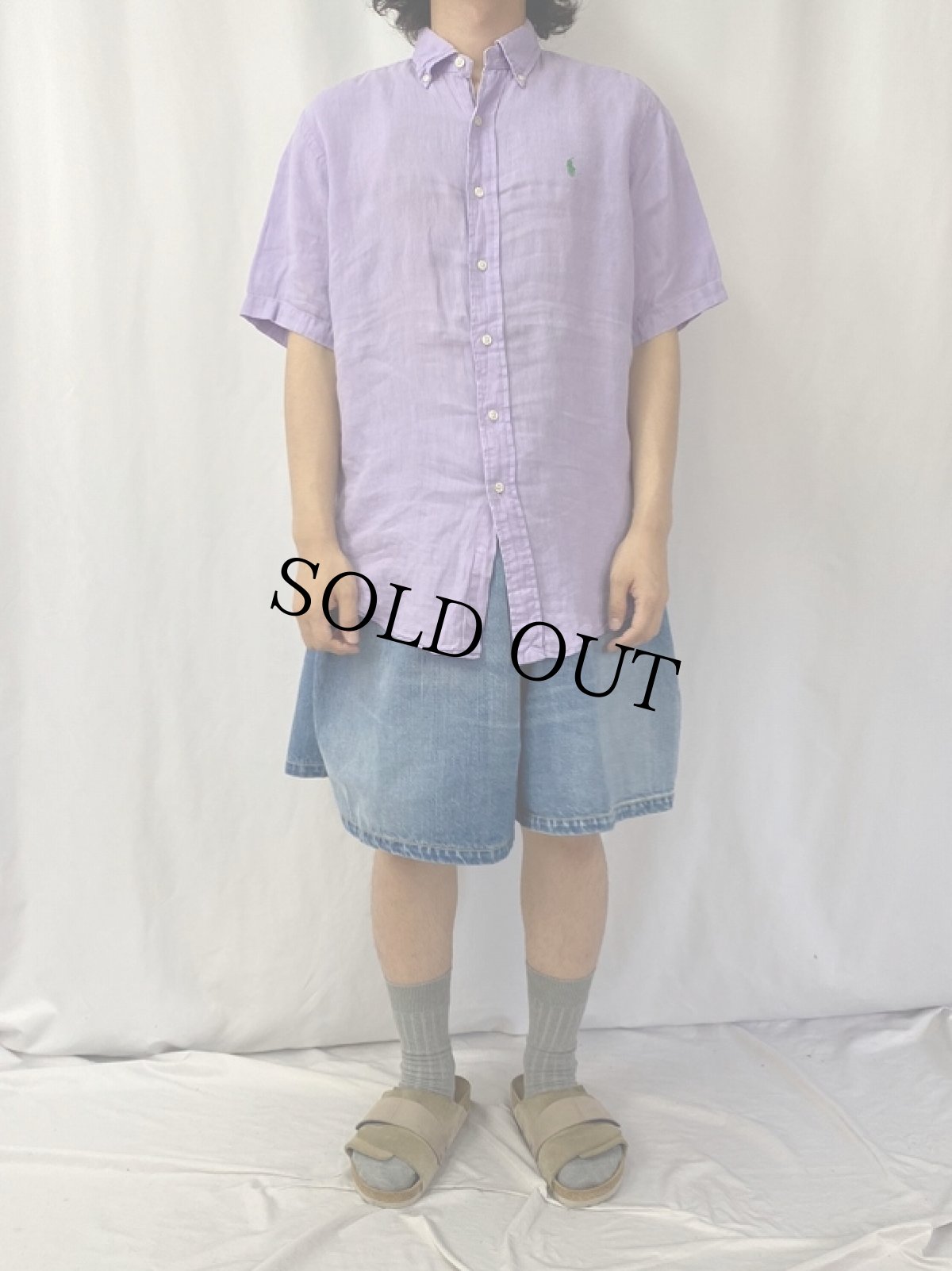 画像2: Ralph Lauren "CLASSIC FIT" ロゴ刺繍 リネンボタンダウンシャツ M (2)