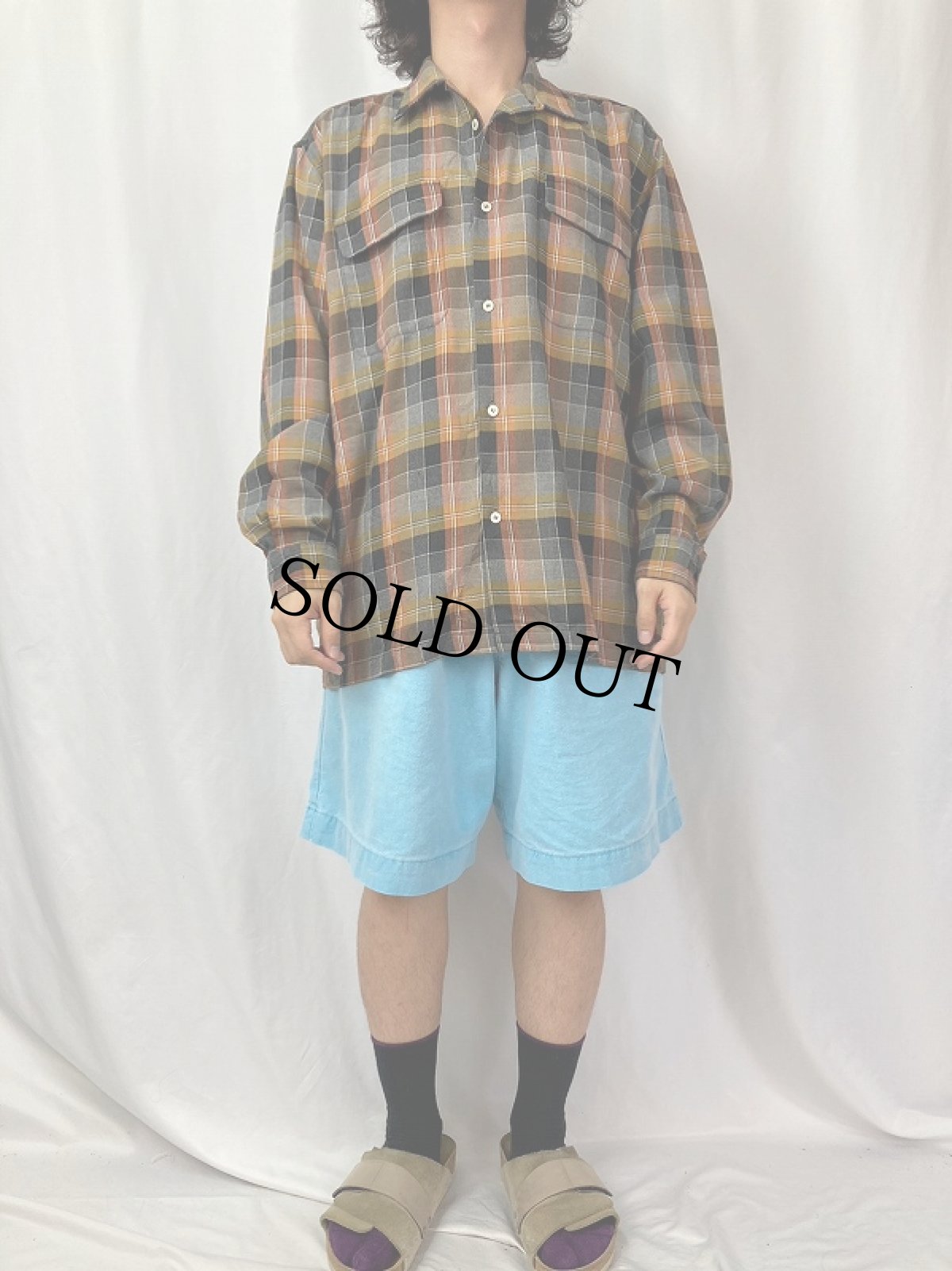 画像2: 90's STUSSY チェック柄 オープンカラーネルシャツ L (2)