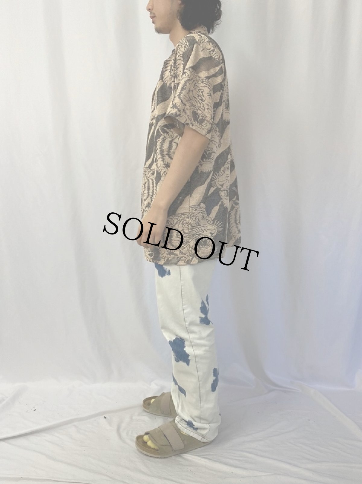 画像3: Frust 虎柄 メッシュ切り替え ポリエステル×ナイロン オープンカラーシャツ M (3)