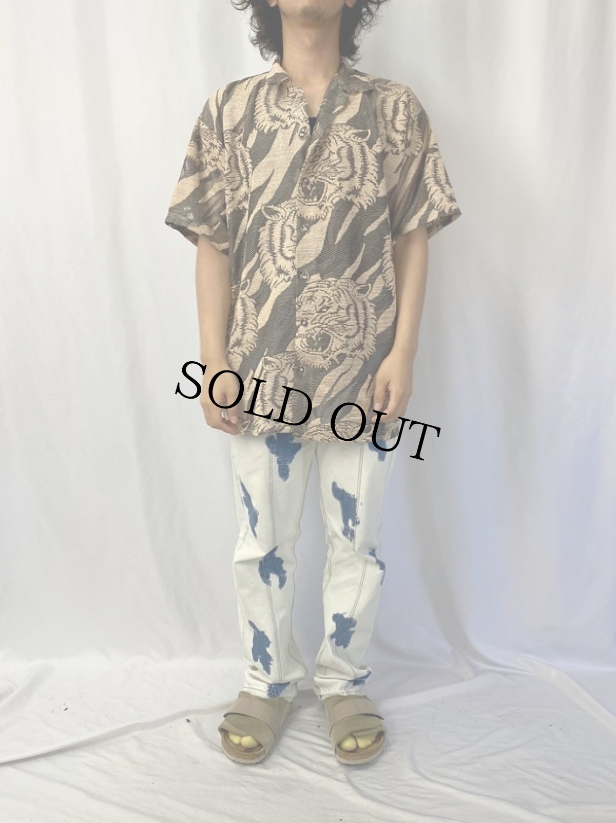 画像2: Frust 虎柄 メッシュ切り替え ポリエステル×ナイロン オープンカラーシャツ M (2)