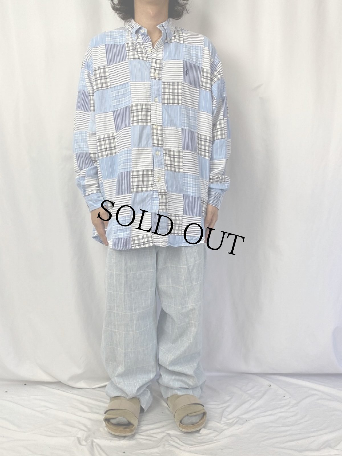 画像2: Ralph Lauren "BLAIRE" パッチワーク コットンボタンダウンシャツ L (2)