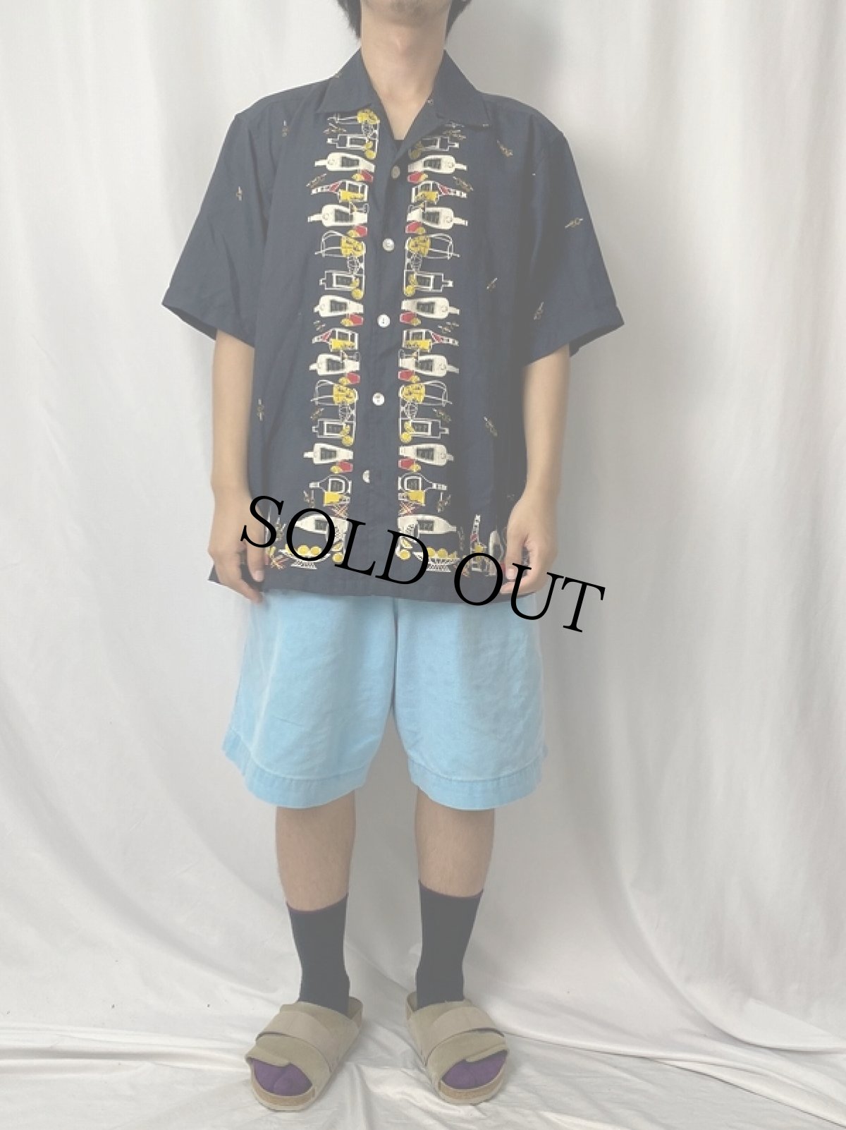 画像2: 80〜90's Da Vinci カクテル柄 オープンカラーポリエステルシャツ XL (2)