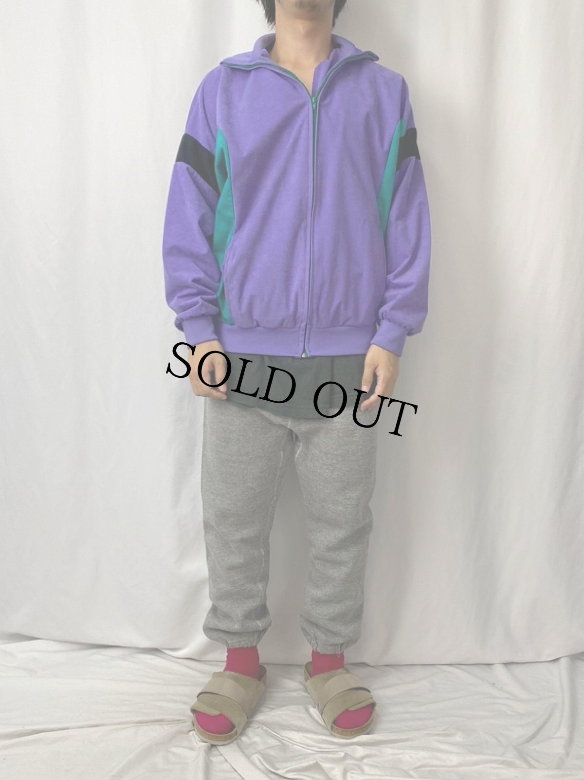 画像2: 70〜80's FRANCE製 切り替えデザイン ベロアジップジャージ M (2)