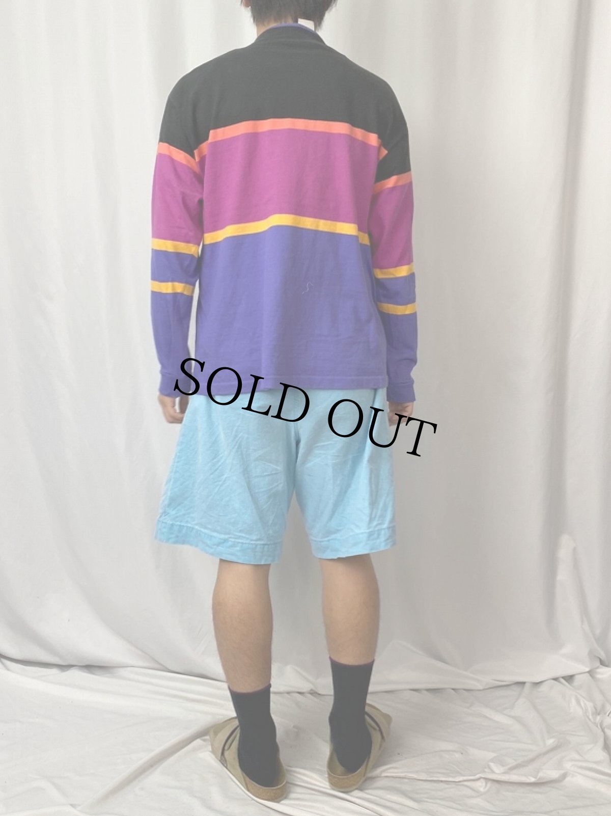 画像4: 90's LANDS'END USA製 マルチボーダー柄 モックネックスウェット L (4)