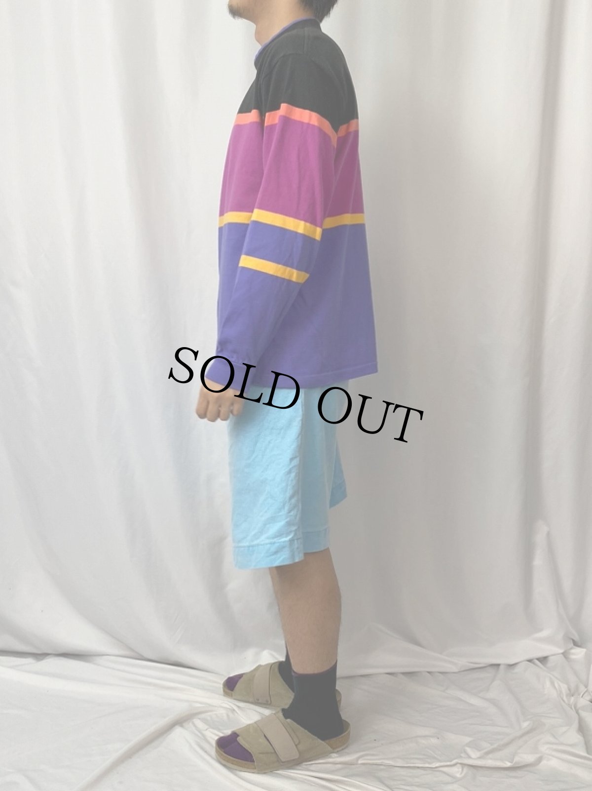 画像3: 90's LANDS'END USA製 マルチボーダー柄 モックネックスウェット L (3)