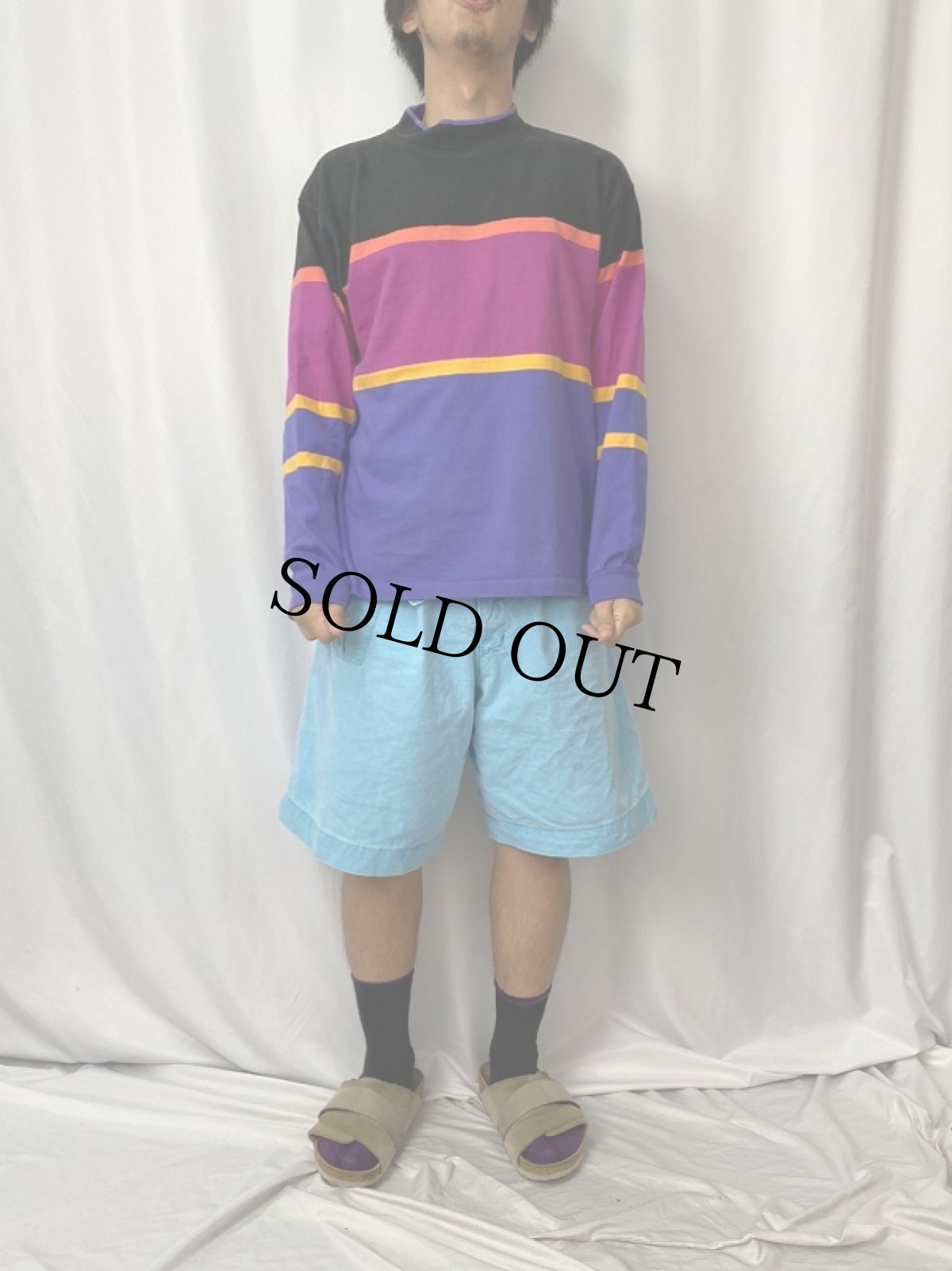 画像2: 90's LANDS'END USA製 マルチボーダー柄 モックネックスウェット L (2)