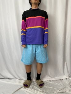 画像2: 90's LANDS'END USA製 マルチボーダー柄 モックネックスウェット L (2)