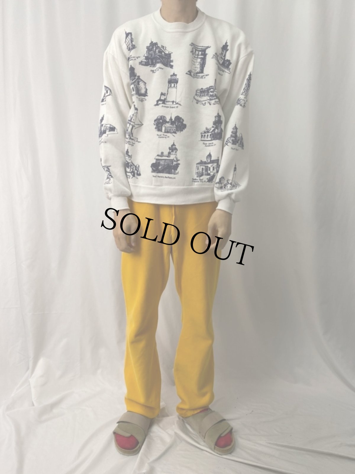 画像2: 90's MICHIGAN RAG CO. USA製 ライトハウス柄 プリントスウェット L (2)