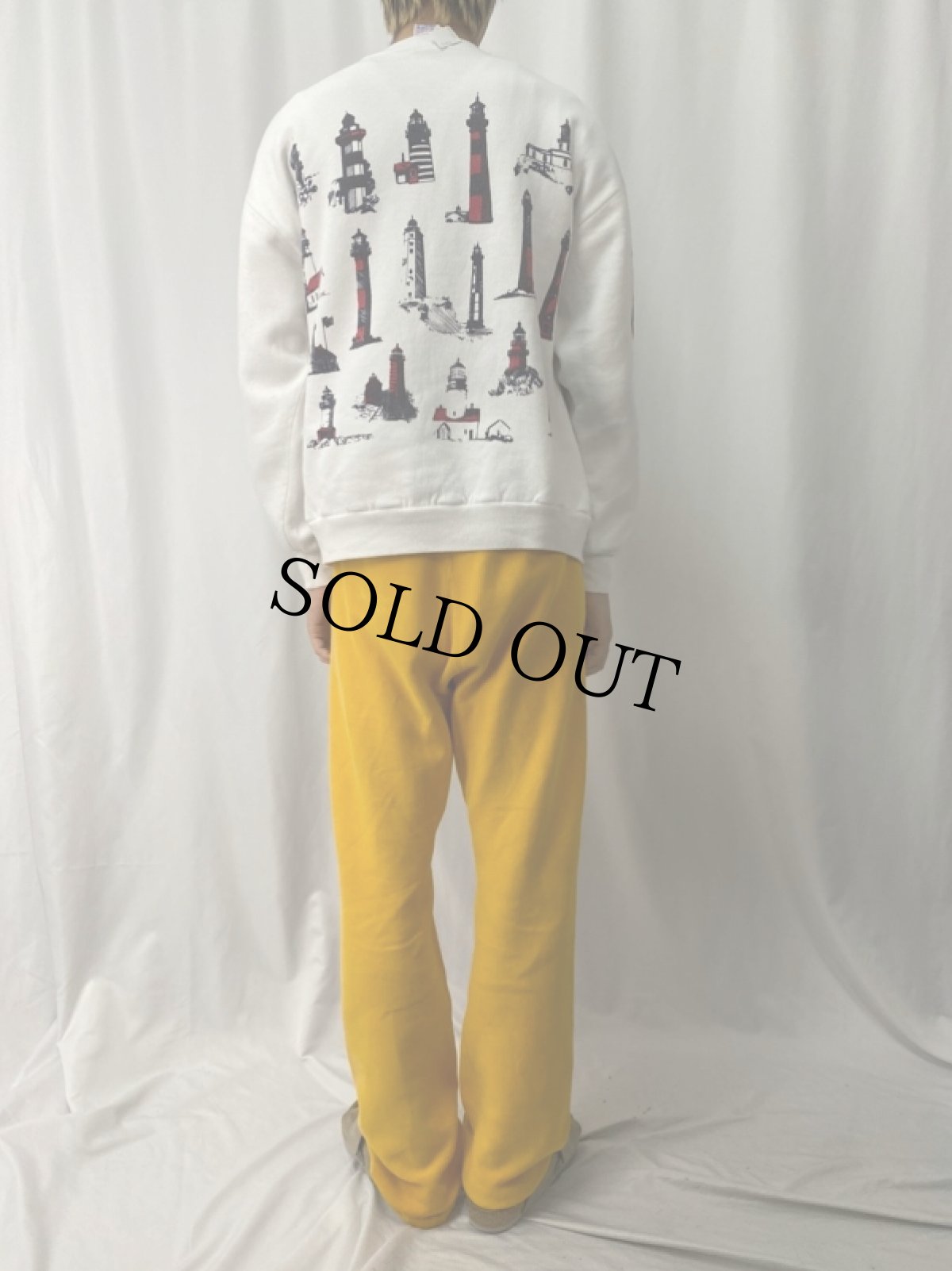 画像4: 90's MICHIGAN RAG CO. USA製 ライトハウス柄 プリントスウェット L (4)