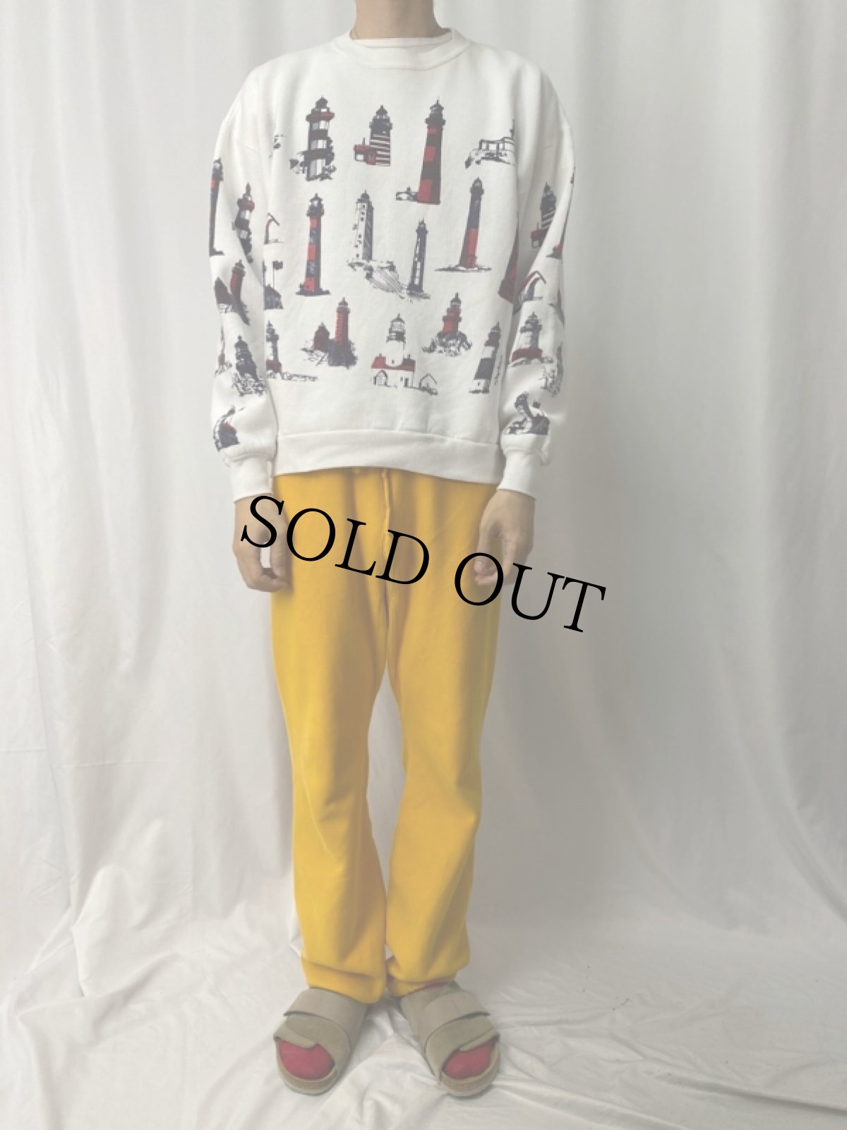 画像2: 90's MICHIGAN RAG CO. USA製 ライトハウス柄 プリントスウェット L (2)