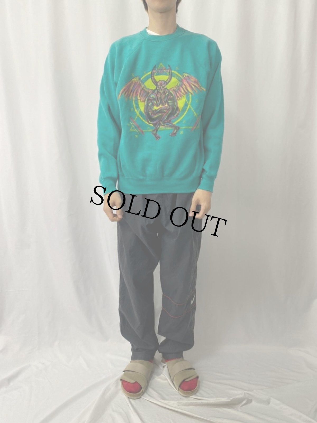 画像2: 90's USA製 ハンドペイント ラグランスウェット L (2)