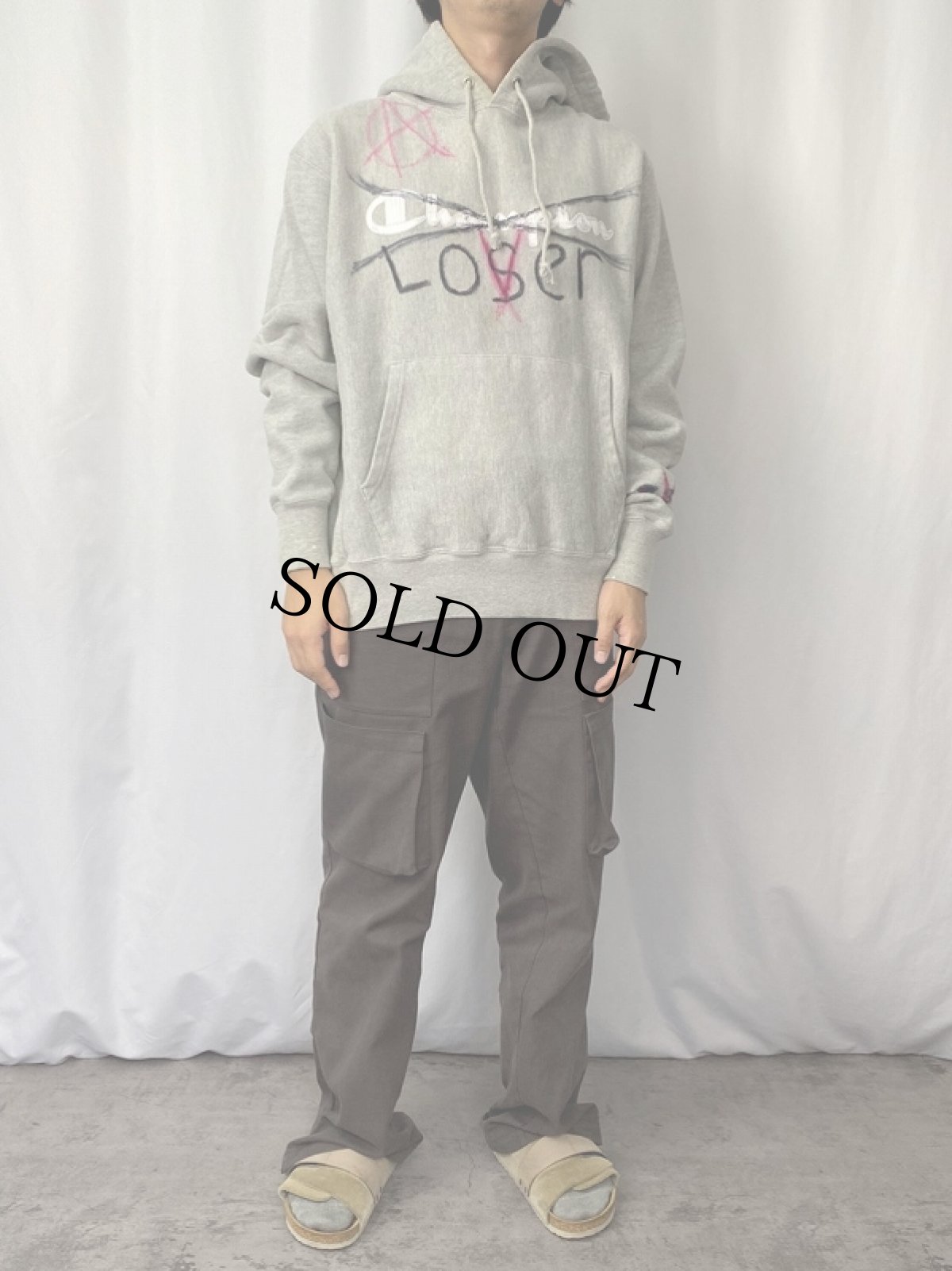 画像2: Champion REVERSE WEAVE ロゴワッペン ハンドペイント スウェットフーディー M (2)