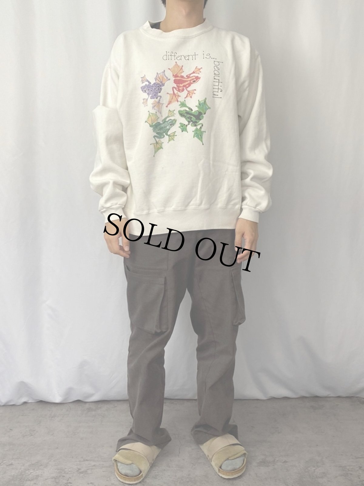 画像2: 90's USA製 "different is...beautiful" カエルイラストプリントスウェット L (2)