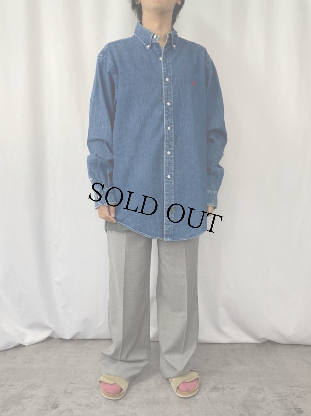画像2: 80〜90's POLO COUNTRY Ralph Lauren ロゴ刺繍 デニムボタンダウンシャツ XL (2)