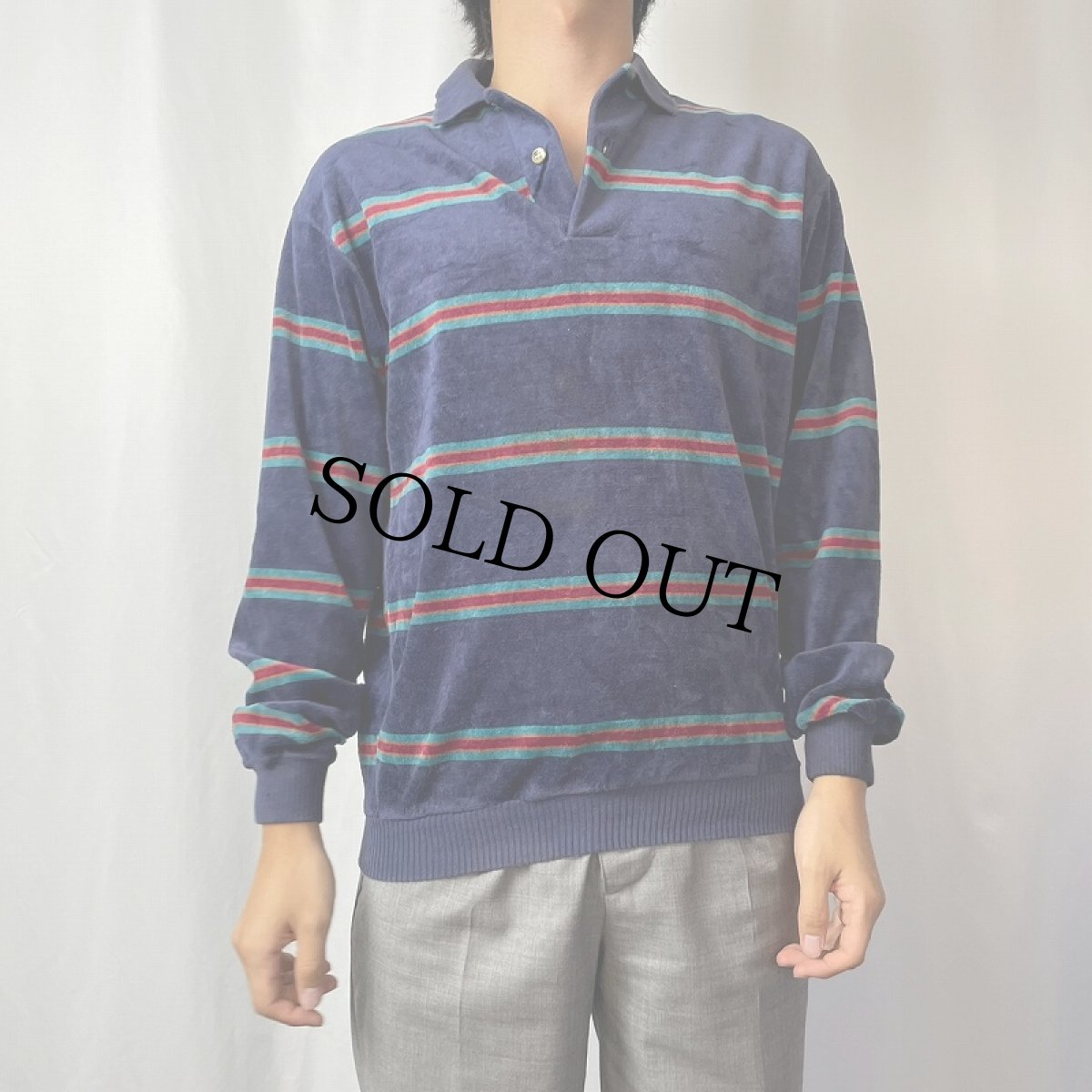 画像2: 80〜90's Patrick USA製 マルチボーダー柄 ベロアポロシャツ NAVY S (2)