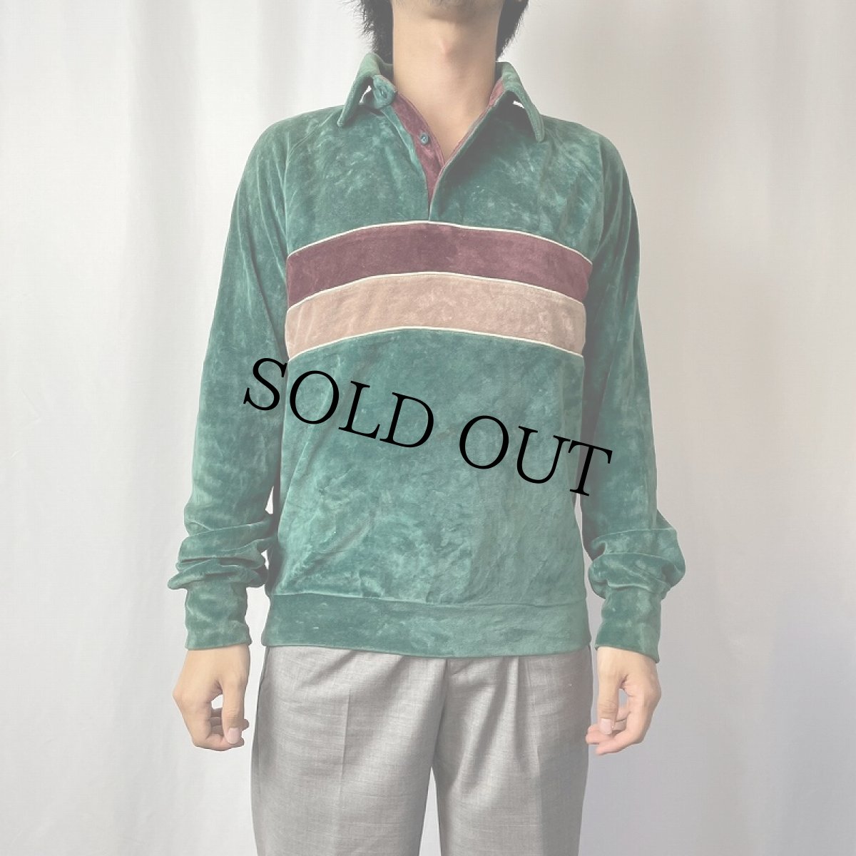 画像2: 80's Sears Sportswear ボーダー柄 ベロアポロシャツ M (2)