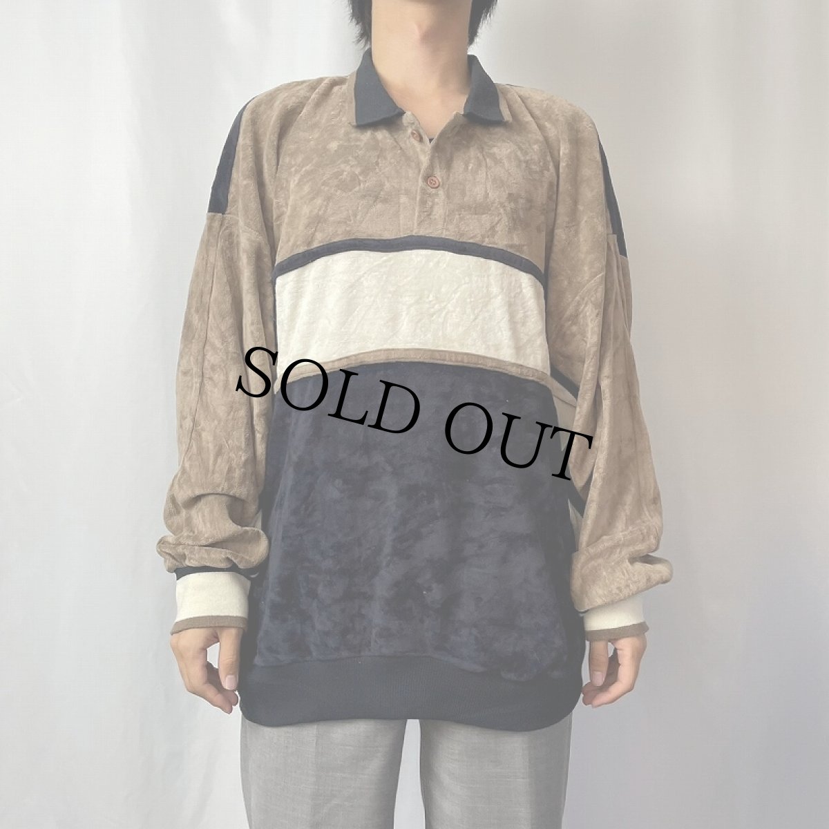 画像2: 80〜90's KNIGHTSBRIDGE ボーダー柄 ベロアポロシャツ 2XL (2)