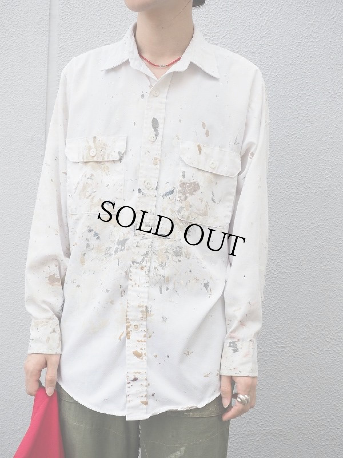 画像2: 80's〜 ペンキペイント コットンポリ ワークシャツ M (2)