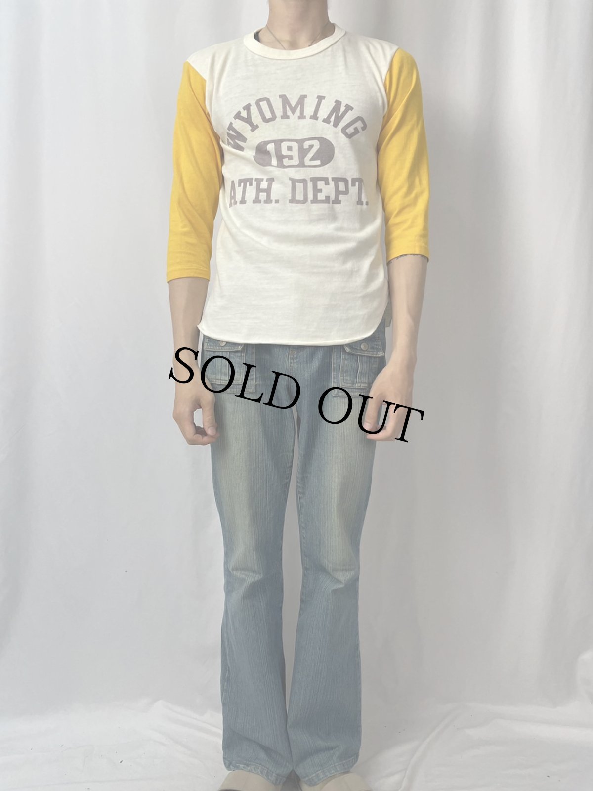 画像2: 80's Champion トリコタグ USA製 "WYOMING ATH, DEPT" 2トーン 染み込みプリントTシャツ M (2)