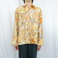 画像2: 70's Chasin's Southern California "Mucha" 総柄 アートプリントポリエステルシャツ M (2)