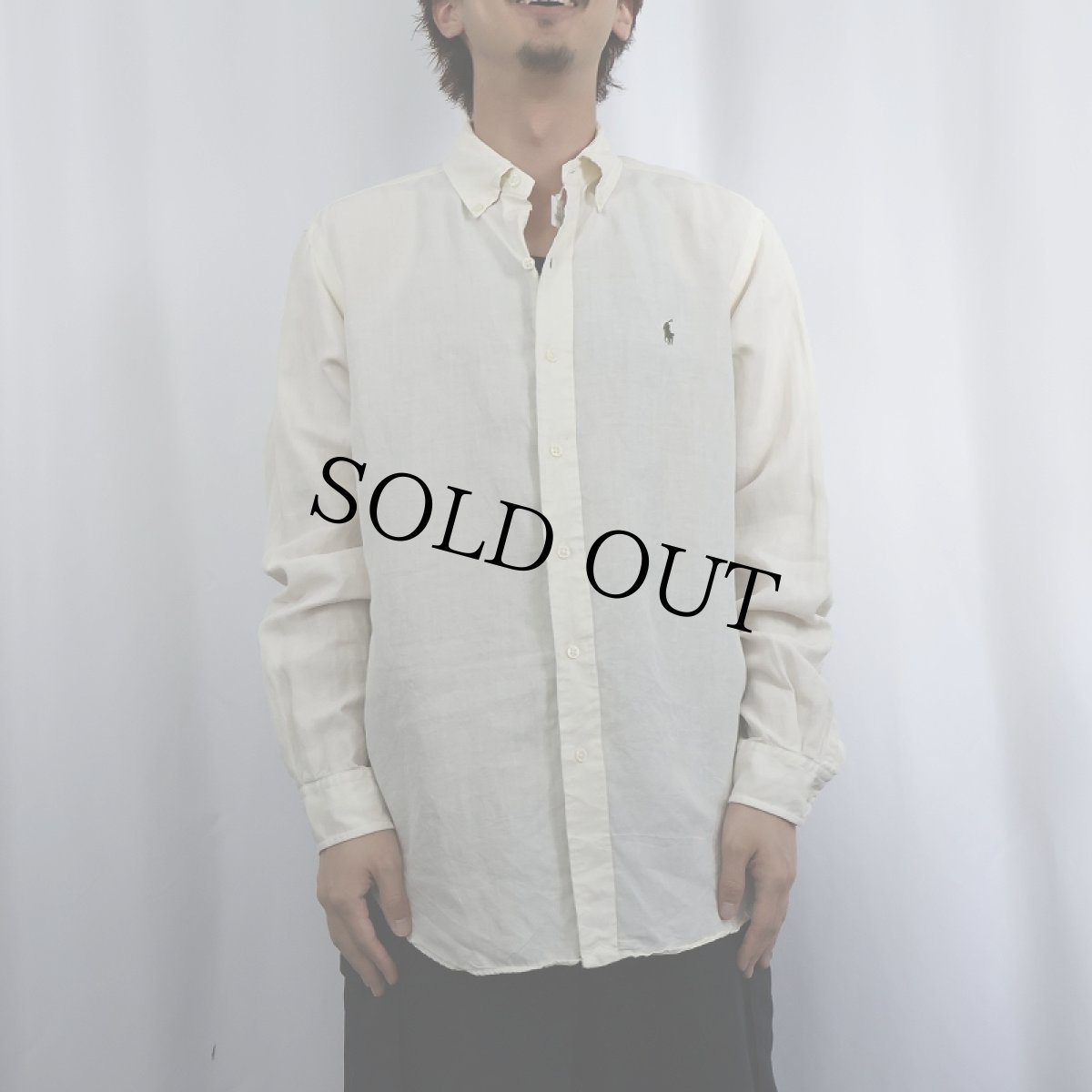 画像2: Ralph Lauren "CLASSIC FIT" ロゴ刺繍 シルク×リネン ボタンダウンシャツ IVOLY M (2)