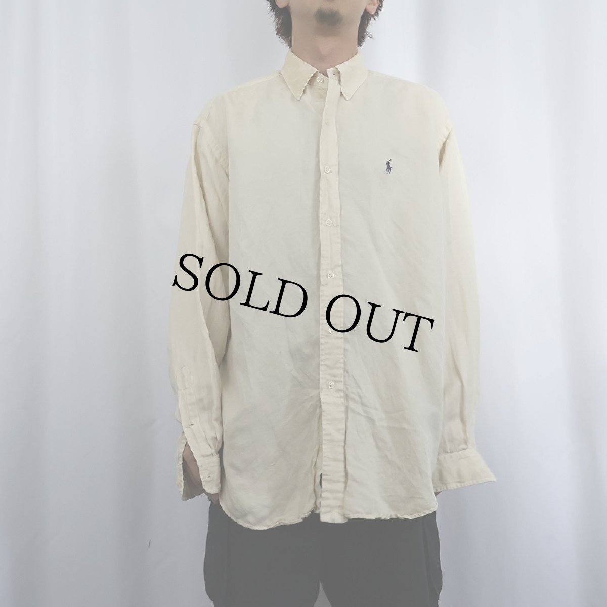 画像2: Ralph Lauren "BLAKE" ロゴ刺繍 シルク×リネンボタンダウンシャツ L (2)