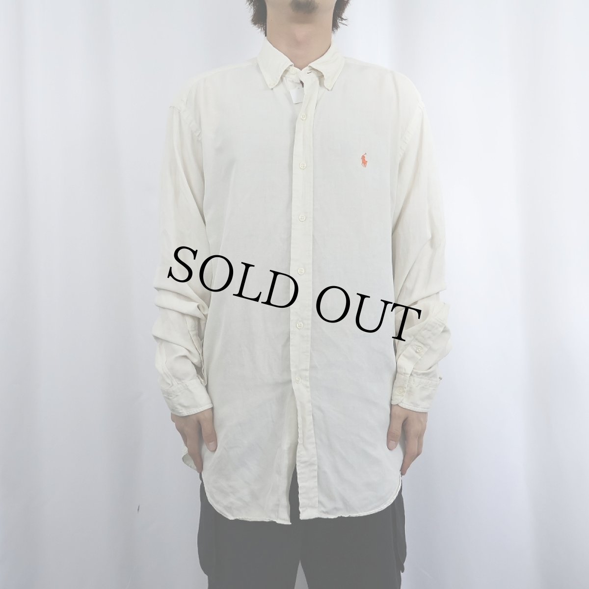 画像2: Ralph Lauren ロゴ刺繍 リネン×シルク ボタンダウンシャツ L (2)