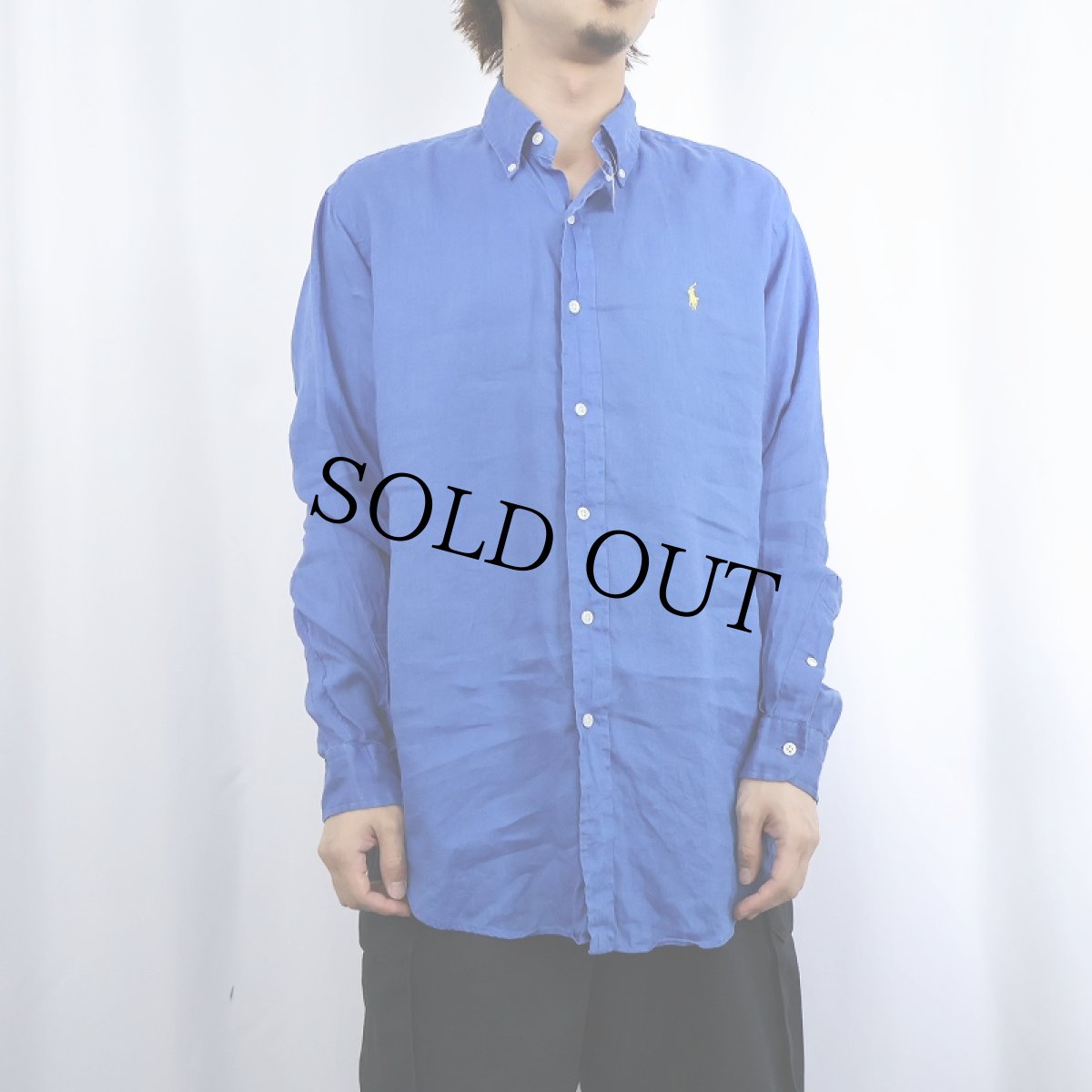 画像2: Ralph Lauren "CLASSIC FIT" ロゴ刺繍 リネンボタンダウンシャツ M (2)