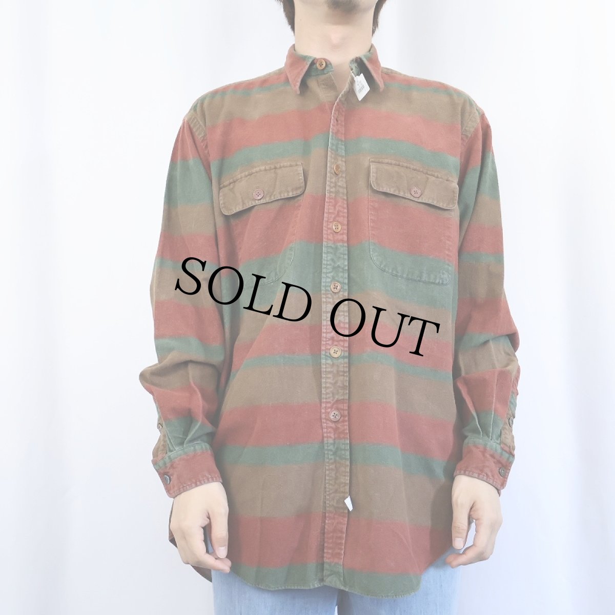 画像2: 90's POLO Ralph Lauren ボーダー柄 シャモアクロスシャツ M (2)