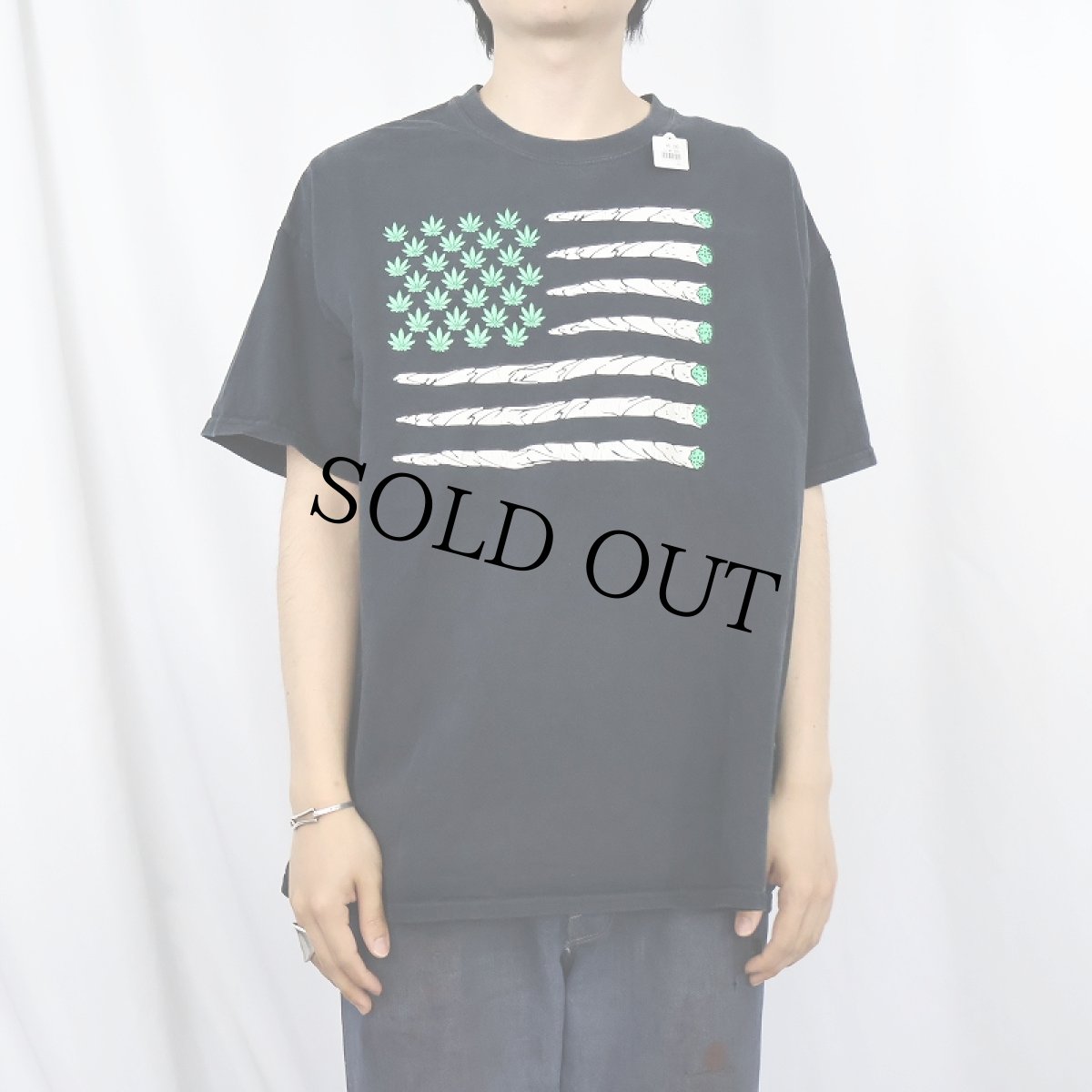 画像2: 90's ガンジャ×星条旗 プリントTシャツ BLACK XL (2)