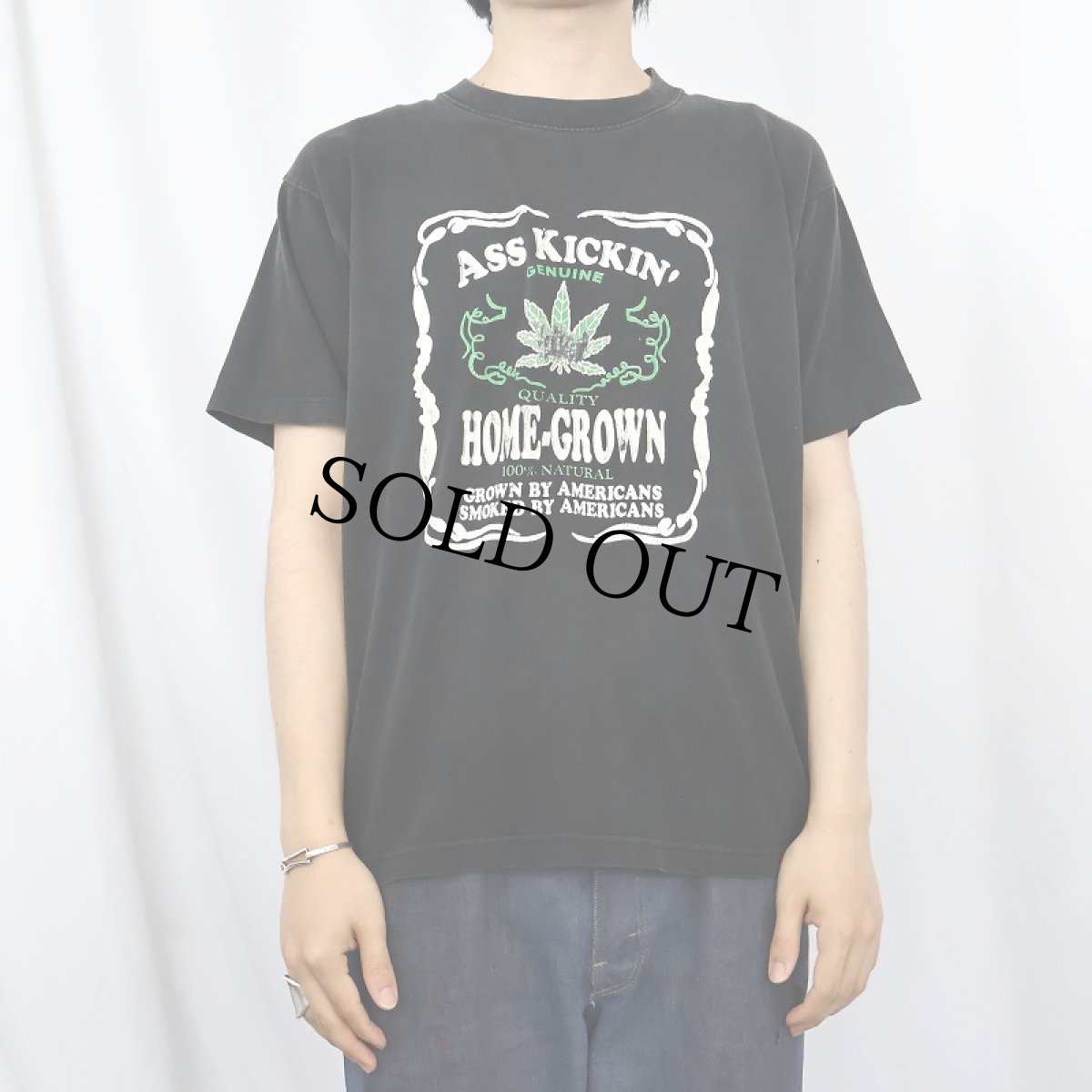 画像2: 90〜2000's "ASS KICKIN7' HOME-GROWN" ガンジャプリントTシャツ BLACK M (2)