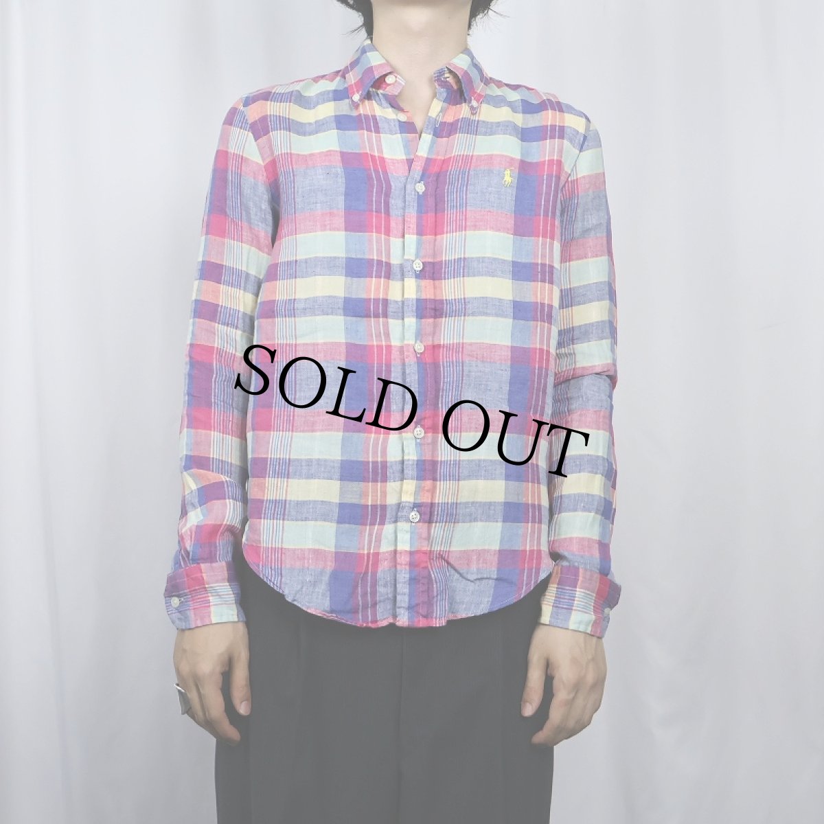 画像2: Ralph Lauren チェック柄 リネンボタンダウンシャツ S (2)