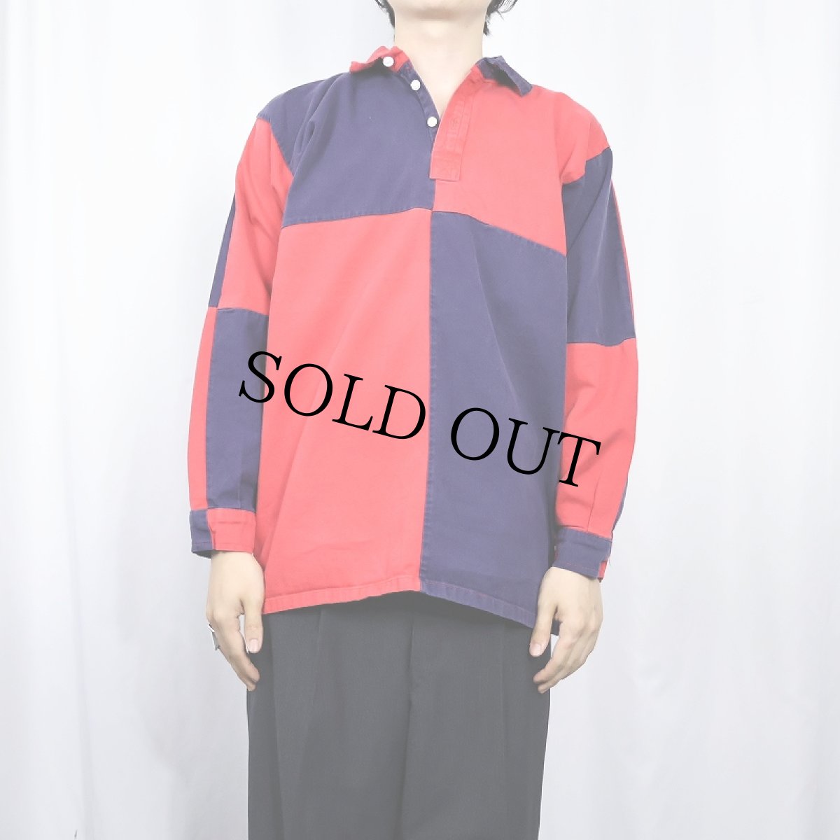 画像2: 【SALE】 HALBRO パネル切り替え コットンプルオーバーシャツ NAVY×RED (2)