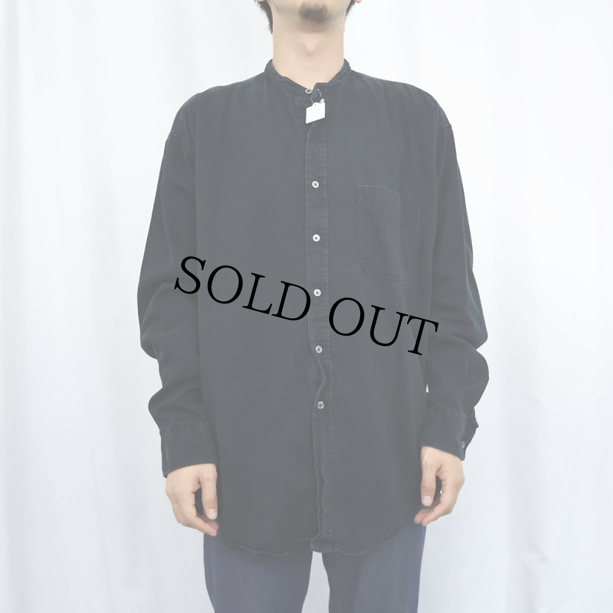 画像2: 80's AMERICAN BLUE USA製バンドカラー コットンシャツ BLACK L (2)