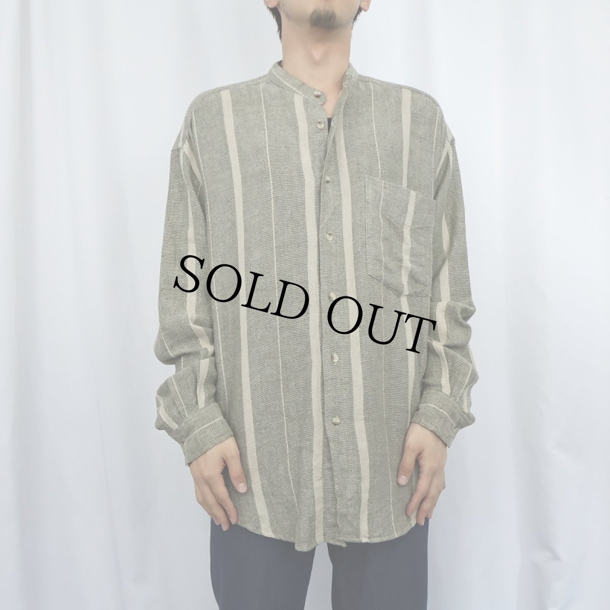 画像2: 90's ROBERT STOCK ストライプ柄 バンドカラー リネン×コットンシャツ L (2)