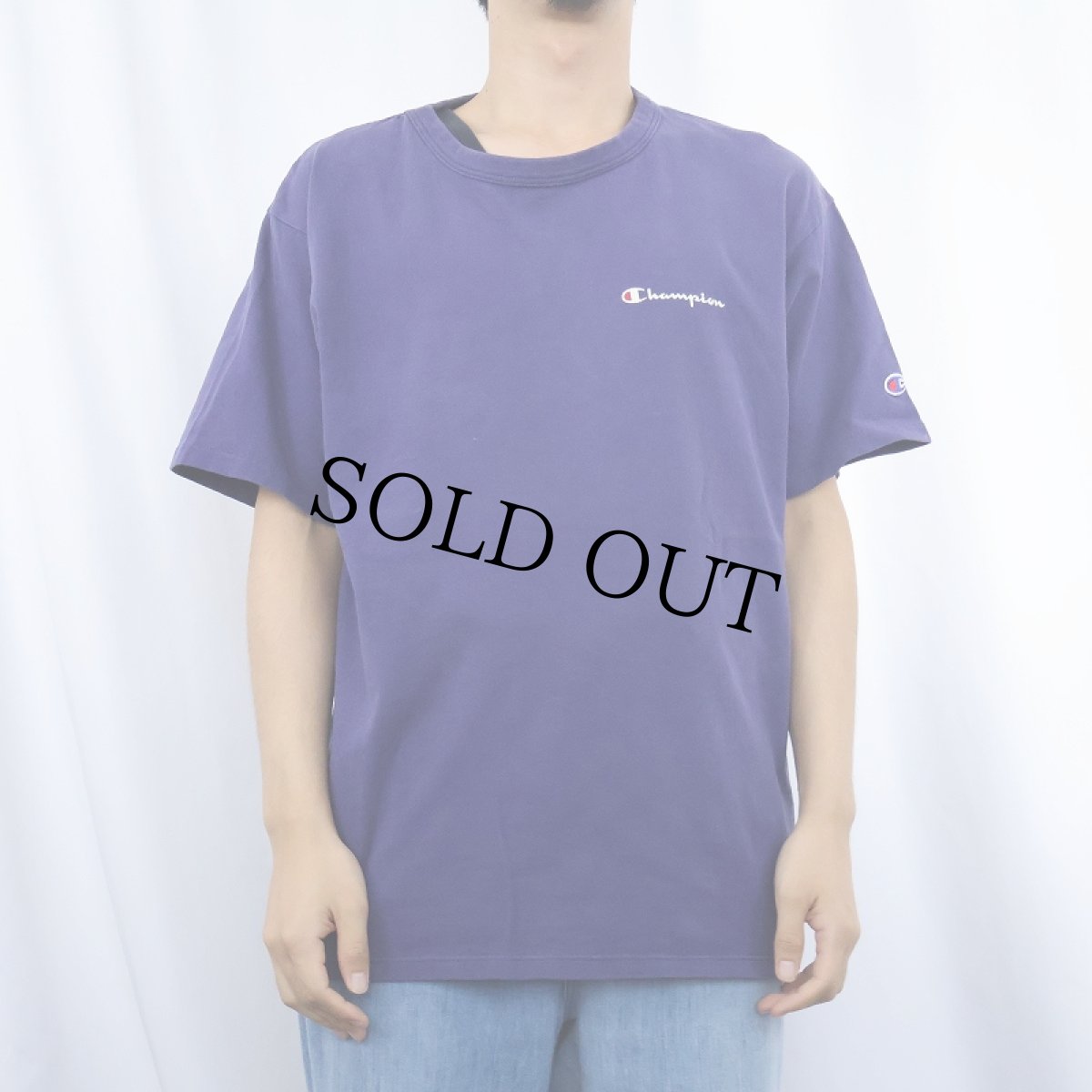 画像2: 80〜90's Champion USA製 青刺繍タグ 後期 ロゴプリントTシャツ NAVY L (2)