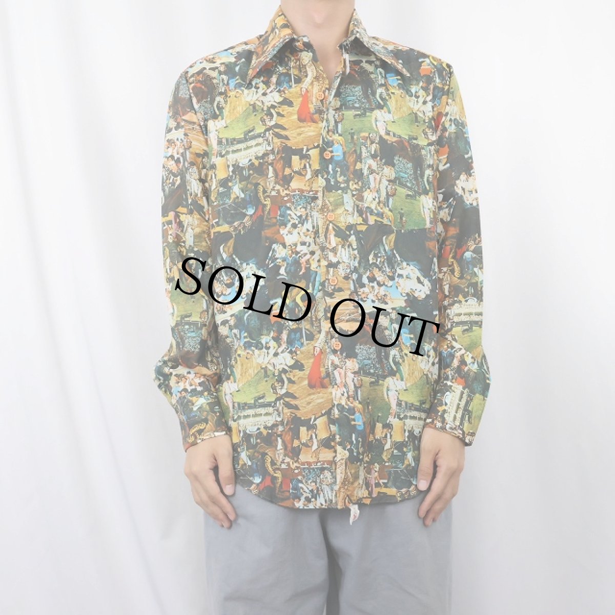 画像2: 70's UTEX 総柄 フォトプリントポリエステルシャツ M (2)