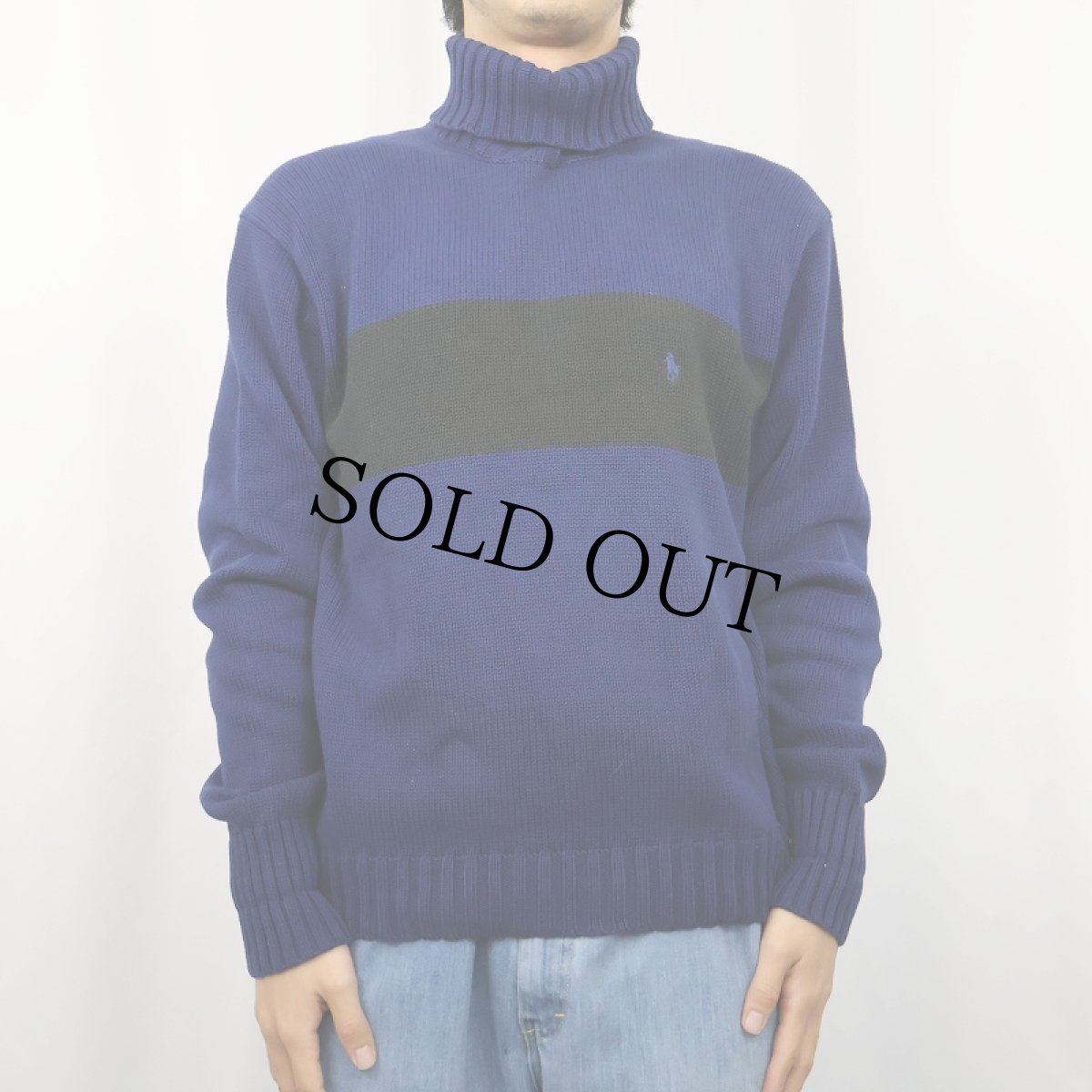 画像2: POLO Ralph Lauren ロゴ刺繡 タートルネック コットンニットセーター NAVY M (2)