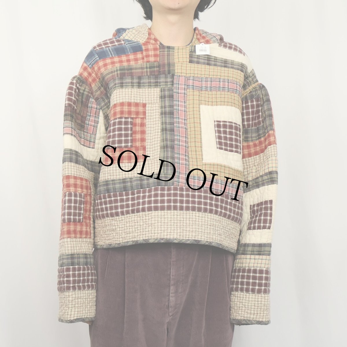 画像2: チェック柄 パッチワーク キルティングフーディー (2)