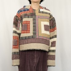 画像2: チェック柄 パッチワーク キルティングフーディー (2)