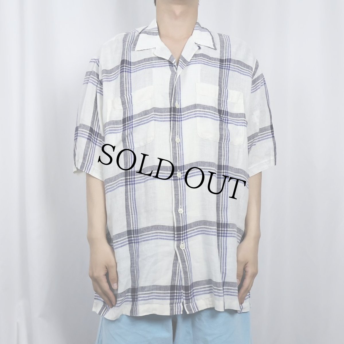 画像2: 90's〜 POLO Ralph Lauren "SARRETT" チェック柄 リネンオープンカラーシャツ M (2)