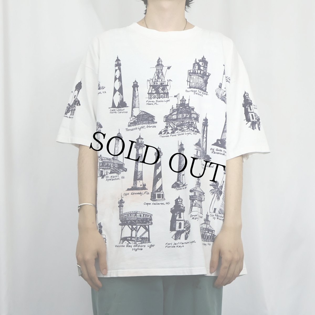 画像2: 90's MICHIGAN RAG CO. ライトハウス柄 プリントコットンTシャツ L (2)