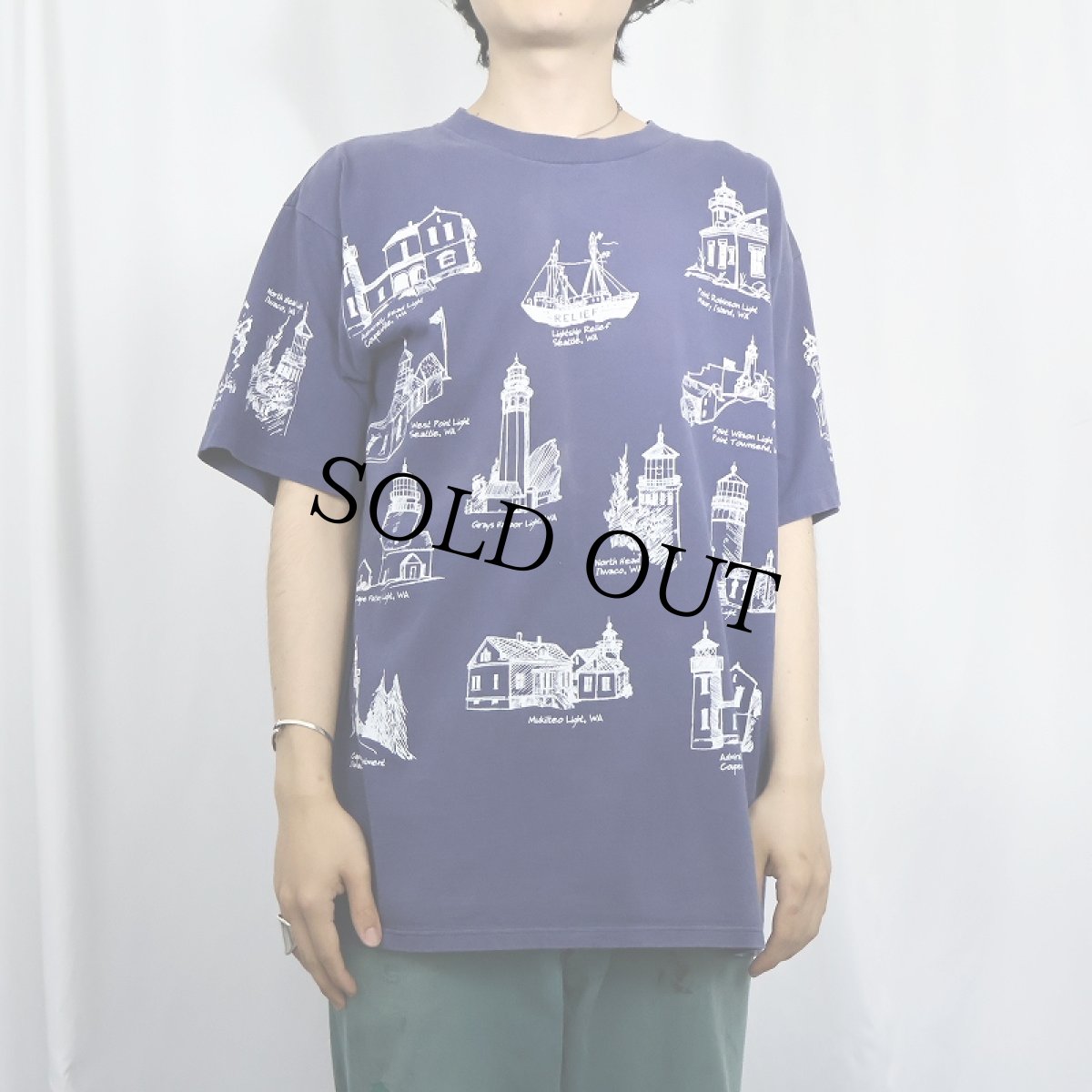 画像2: 90's MICHIGAN RAG CO. ライトハウス柄 プリントコットンTシャツ L (2)