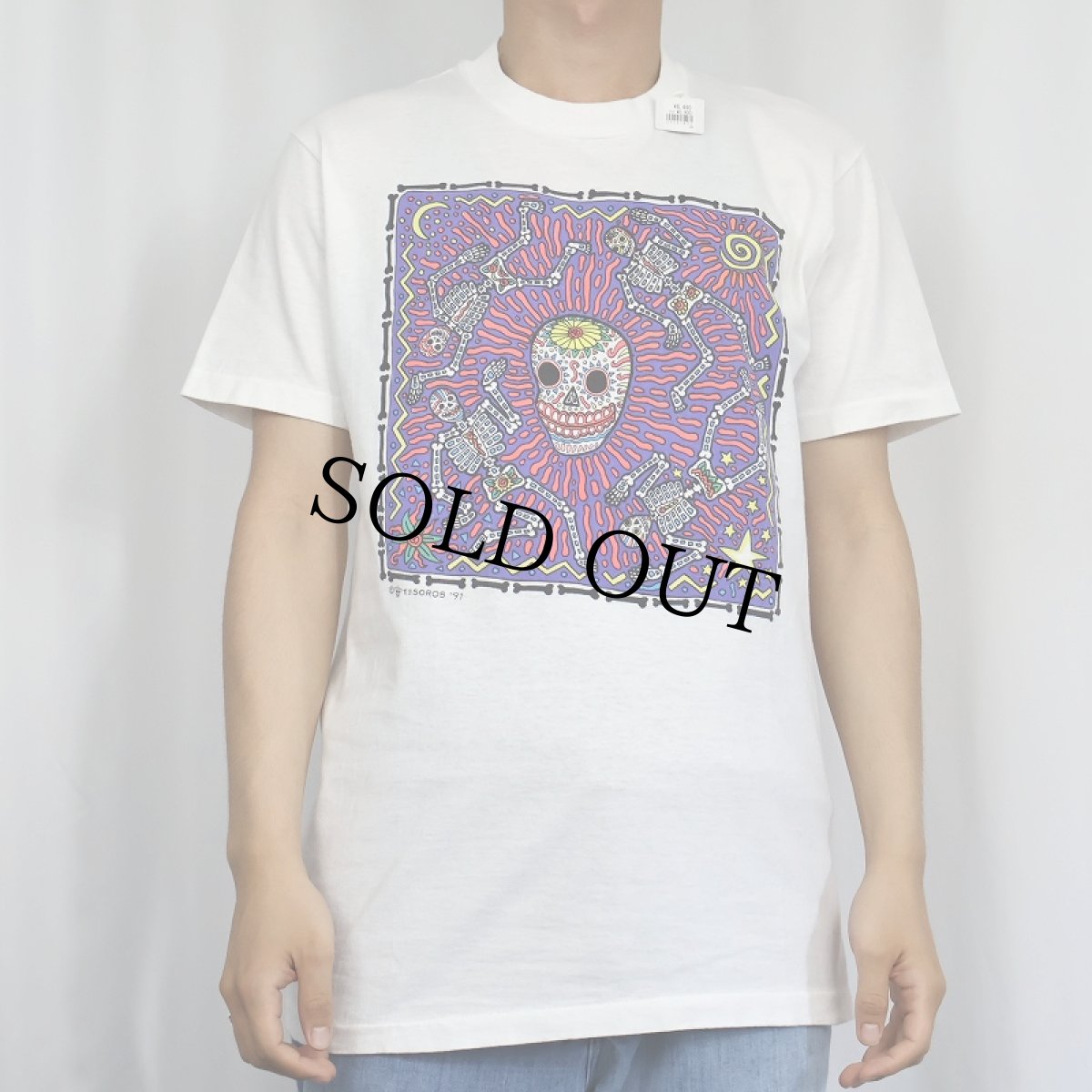 画像2: 90's TESOROS USA製 スカル カラベラアート プリントTシャツ M (2)