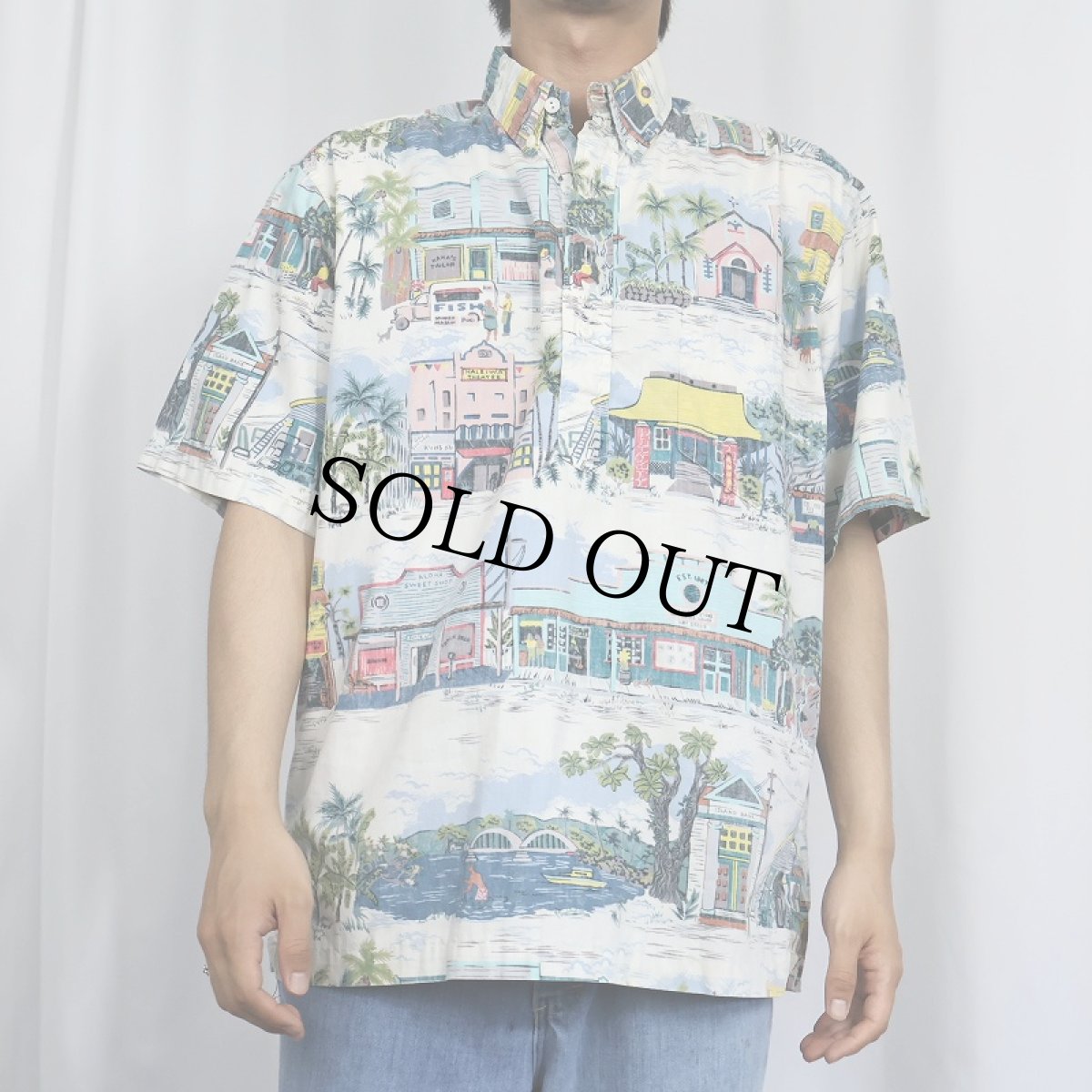 画像2: 90's Reyn Spooner 総柄 3点留め コットンボタンダウンシャツ L (2)