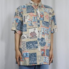 画像2: 90's Reyn Spooner 総柄 スプーナークロス 3点留め コットン×ポリエステルボタンダウンシャツ XL (2)