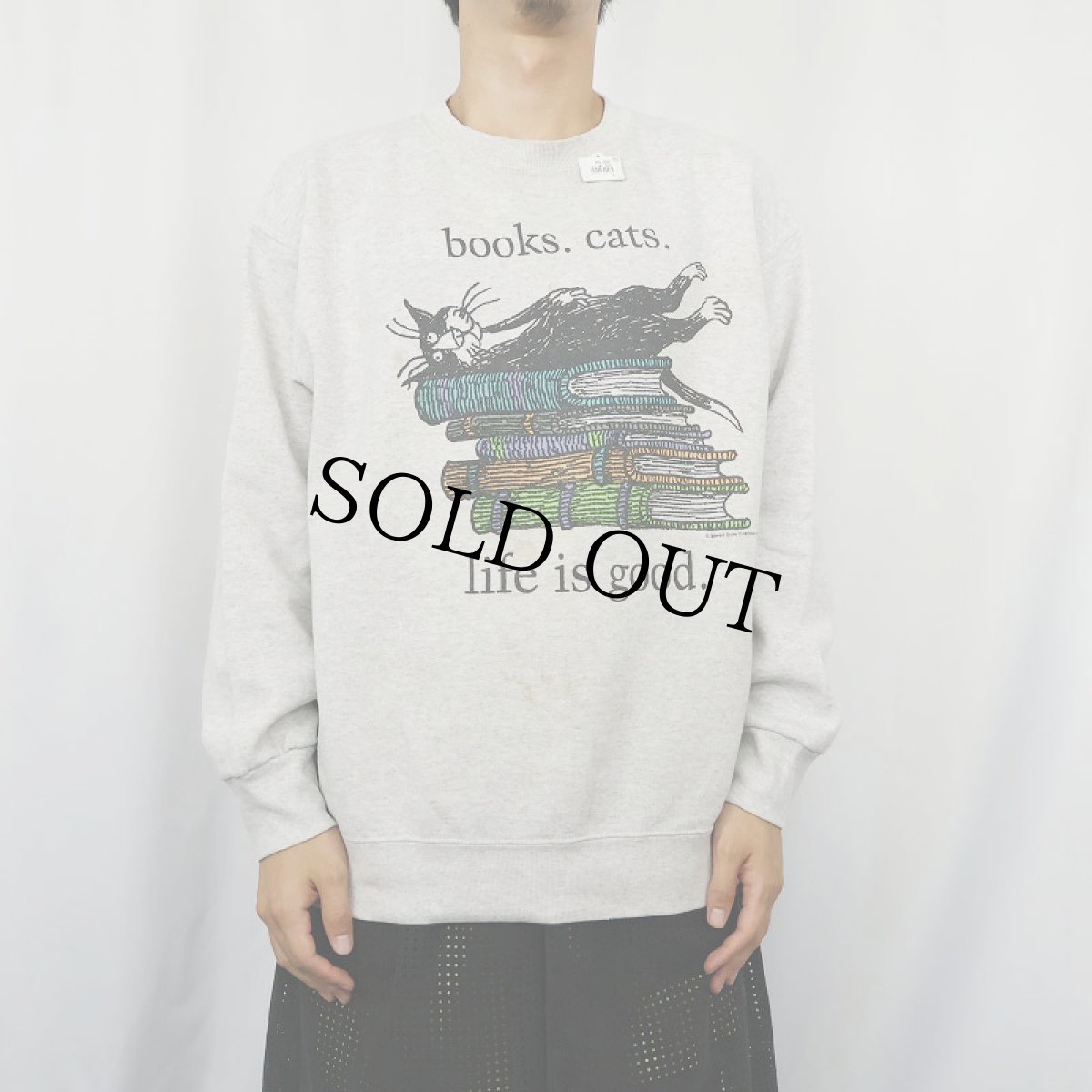 画像2: Edward Gorey USA製 "books.cats." 本×ねこ プリントTシャツ L (2)